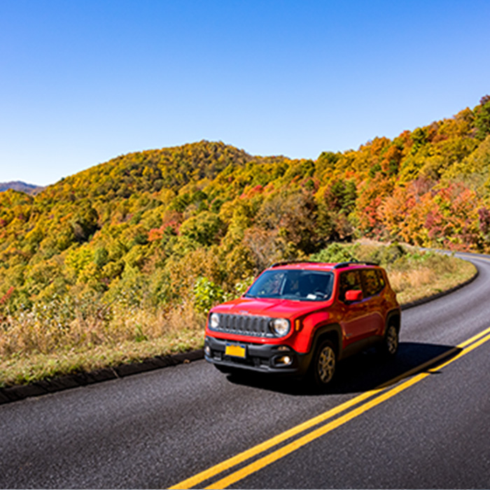 Red jeep driving on a winding road.