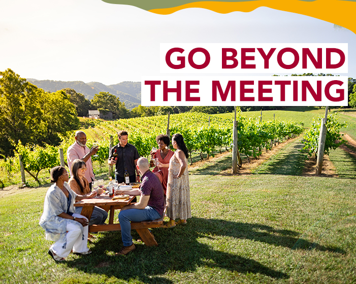 A grouping enjoying a wine tasting in a vineyard. A headline reads: Go Beyond the Meeting.