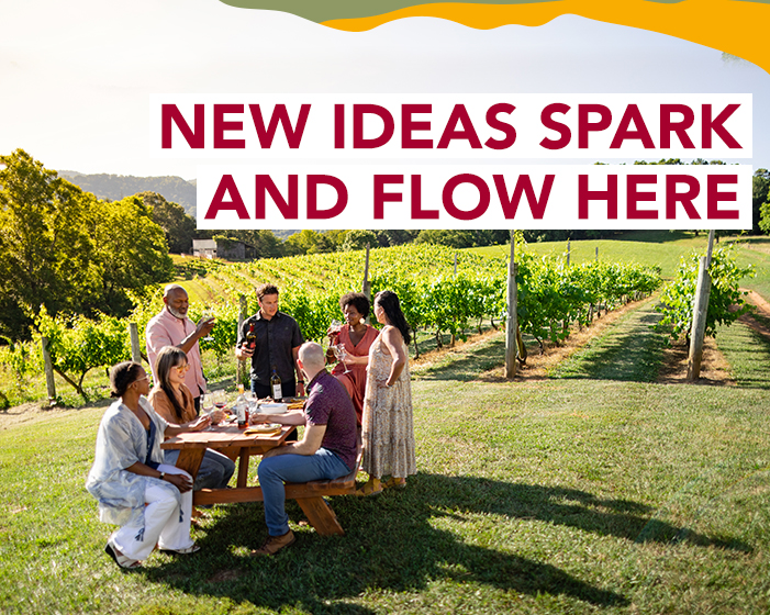 A grouping enjoying a wine tasting in a vineyard. A headline reads: New ideas spark and flow here.