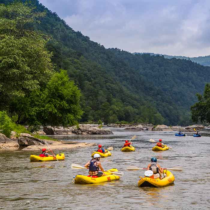 A group of kayakers out in a river.