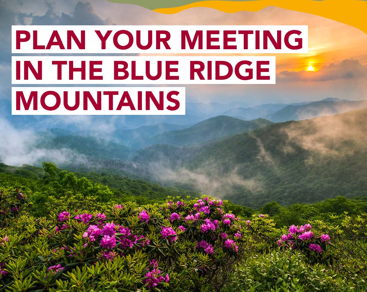 A scenic mountain view. A headline reads: Meet In The Mountains.