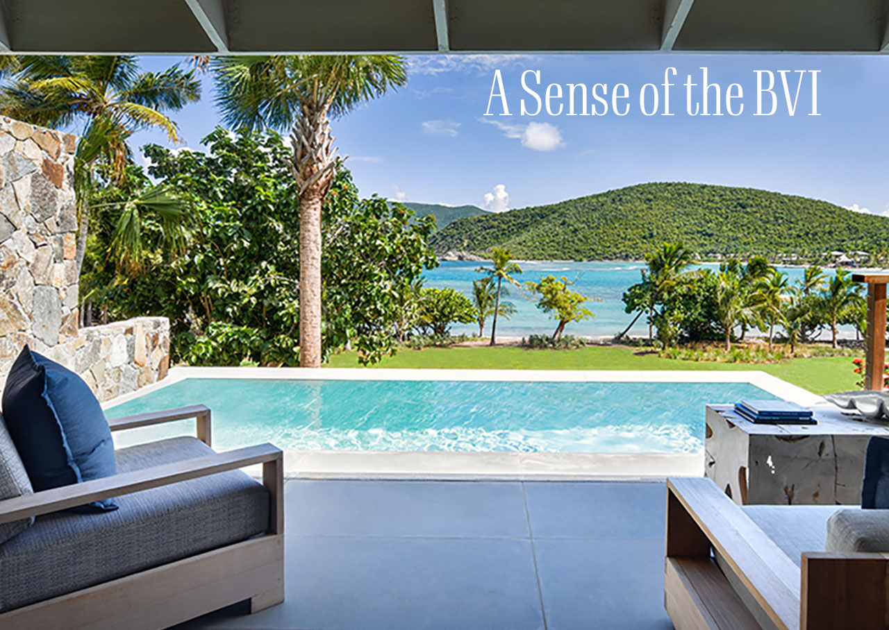 An image of a beautiful resort with lush greenery. A headline reads: A Sense of the BVI.