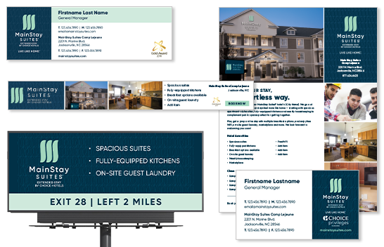 Collage of MainStay Suites marketing materials.