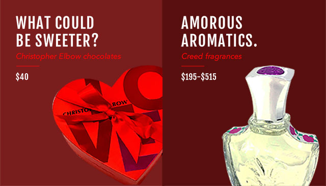 What could be sweeter? Christopher Elbow chocolates $40. Amorous Aromatics. Creed fragrances $195-$515. 