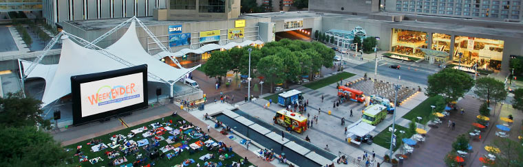 Aerial view of outdoor events at Crown Center.