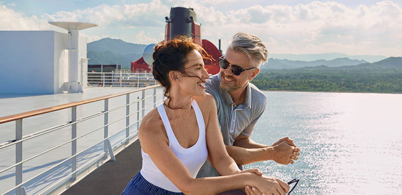 Couple on the deck of a Cunard ship