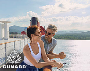 Couple on the deck of a Cunard ship. 