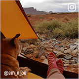 POV lying down in a tent with the door open with a dog in the Arizona desert. Instagram @em_n_be