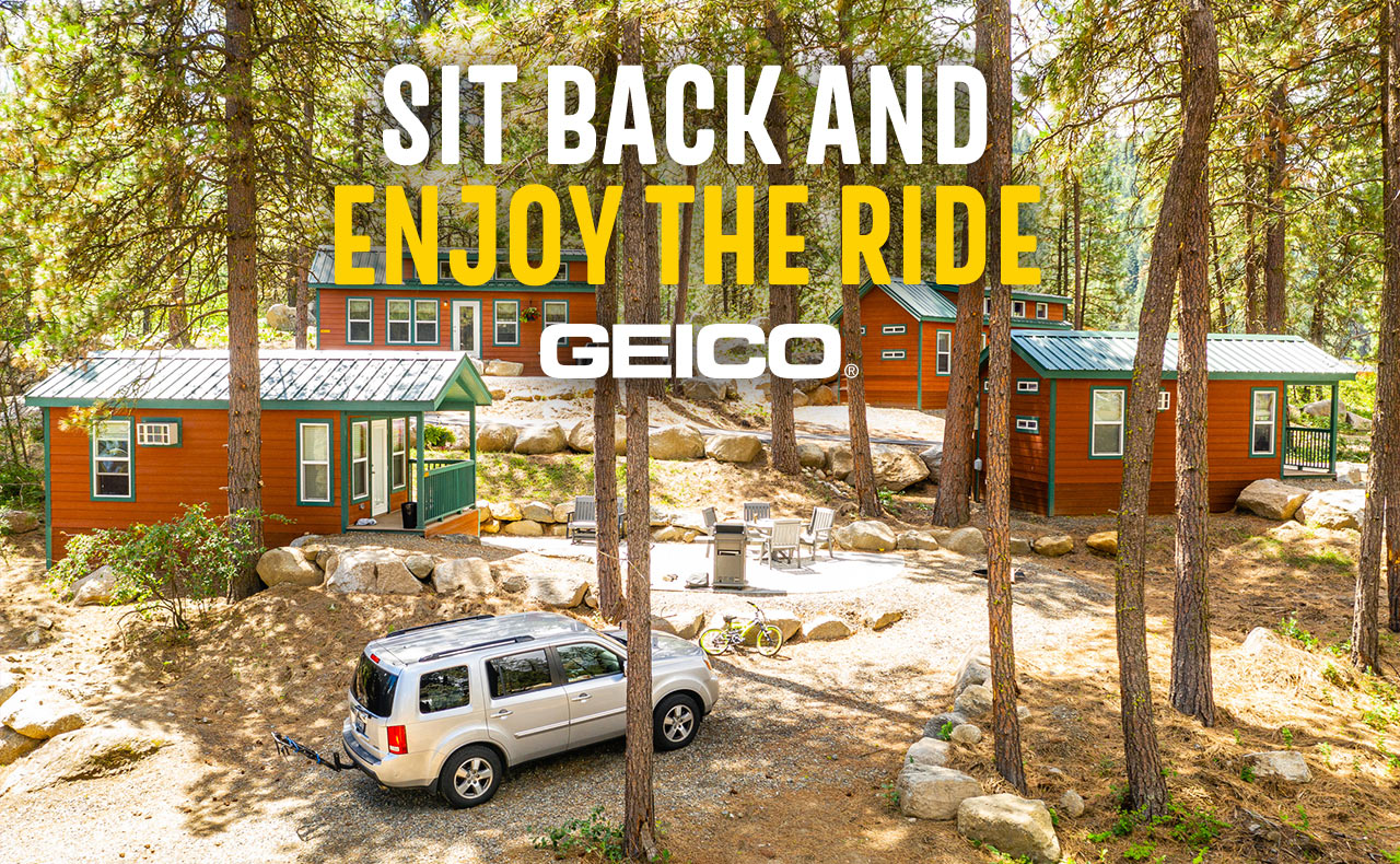 Sit Back and Enjoy the Ride with Geico. A car at a KOA campground.