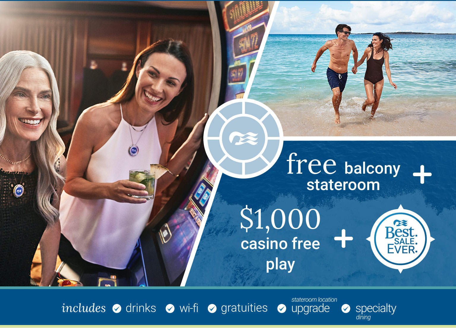 Collage of two women playing at a slot machine, a couple running on the beach, and the special Casino offer