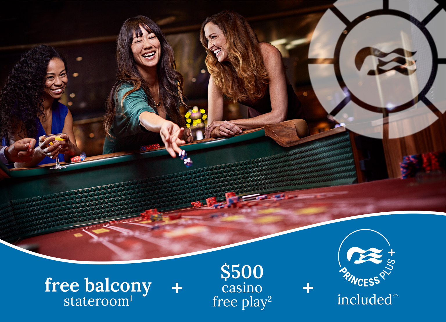 Three women laugh while playing at a craps table - free balcony stateroom1 + $500 casino free play2 + princess plus included^
