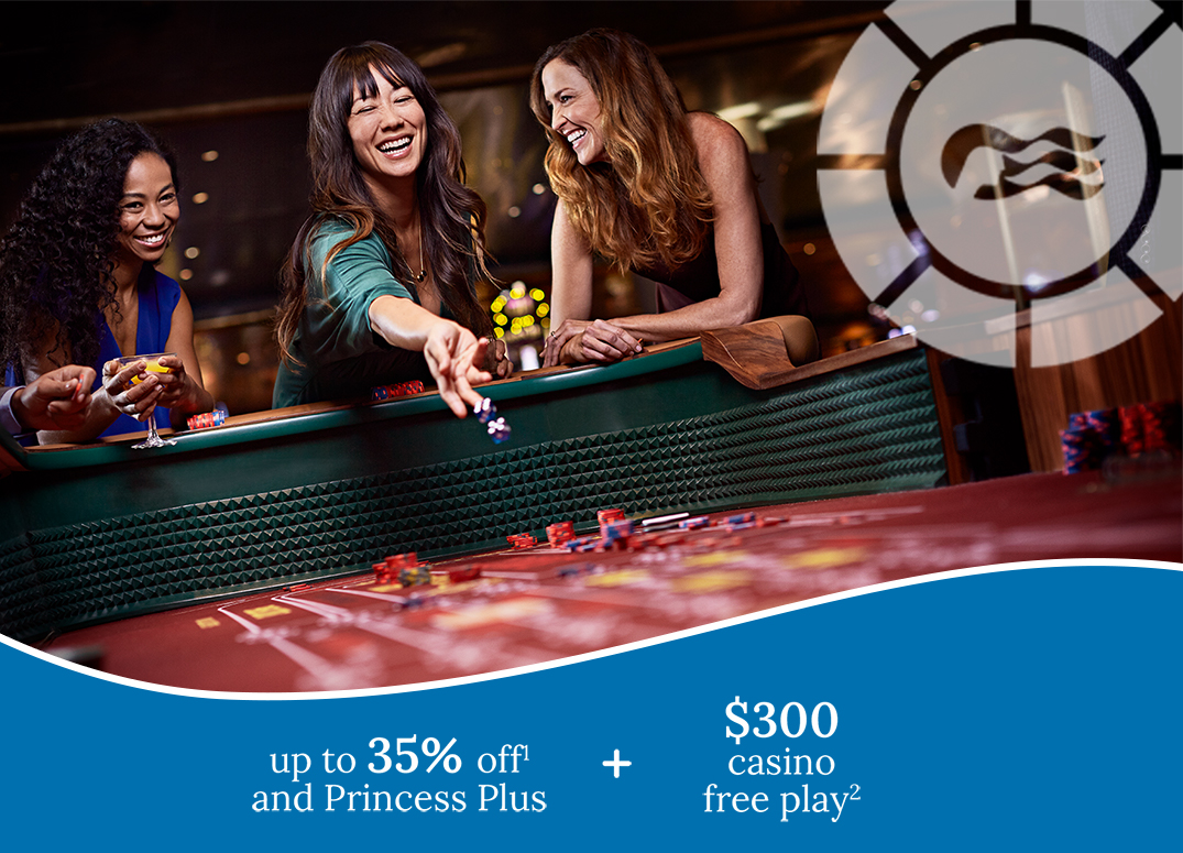 Three women laugh while playing at a craps table - up to 35% off1 + $300 casino free play2