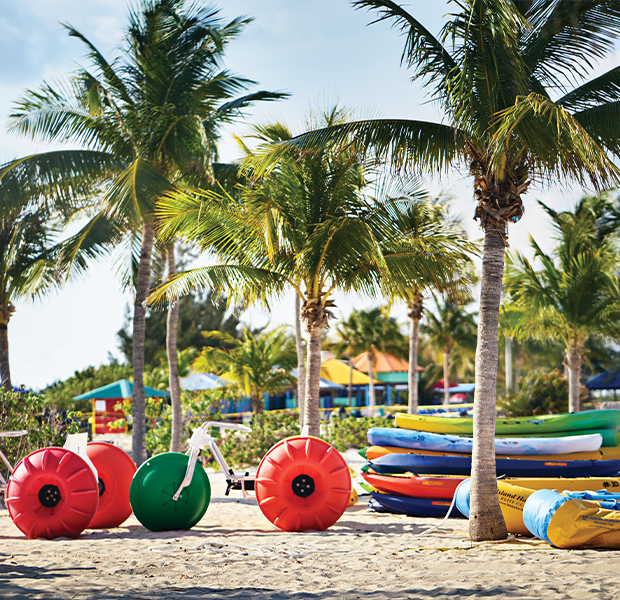 Palm trees and colorful kayaks on a Caribbean beach