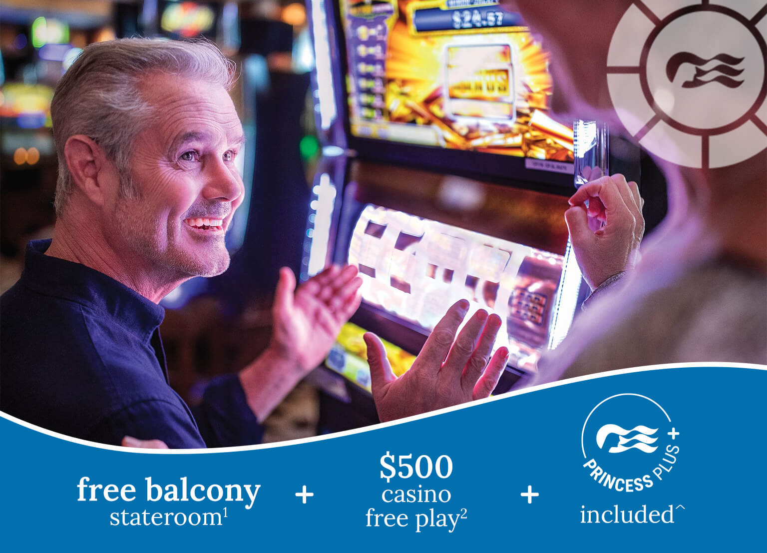 free balcony stateroom1 + $500 casino free play2 + princess plus included^