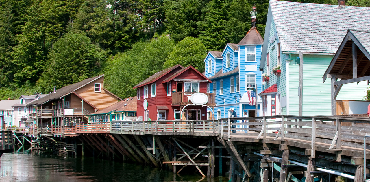 Colorful buildings in an Alaska port