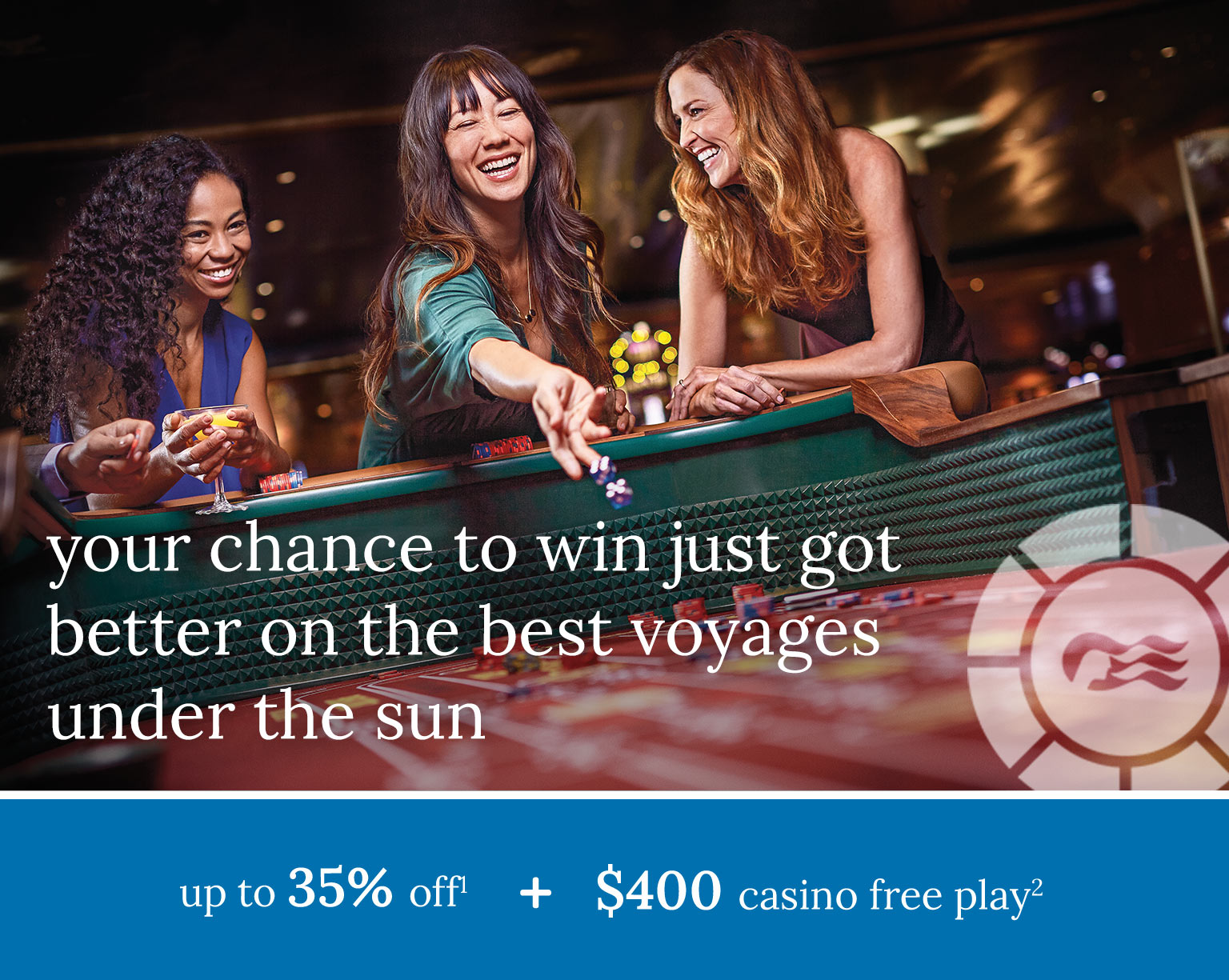 A man and a woman cheer at the slot machines - Princess Players Club Getaways - Don't give up a lucky hand, book your 2021 getaway! - free balcony stateroom + $1000 casino free play + princess plus+ included^