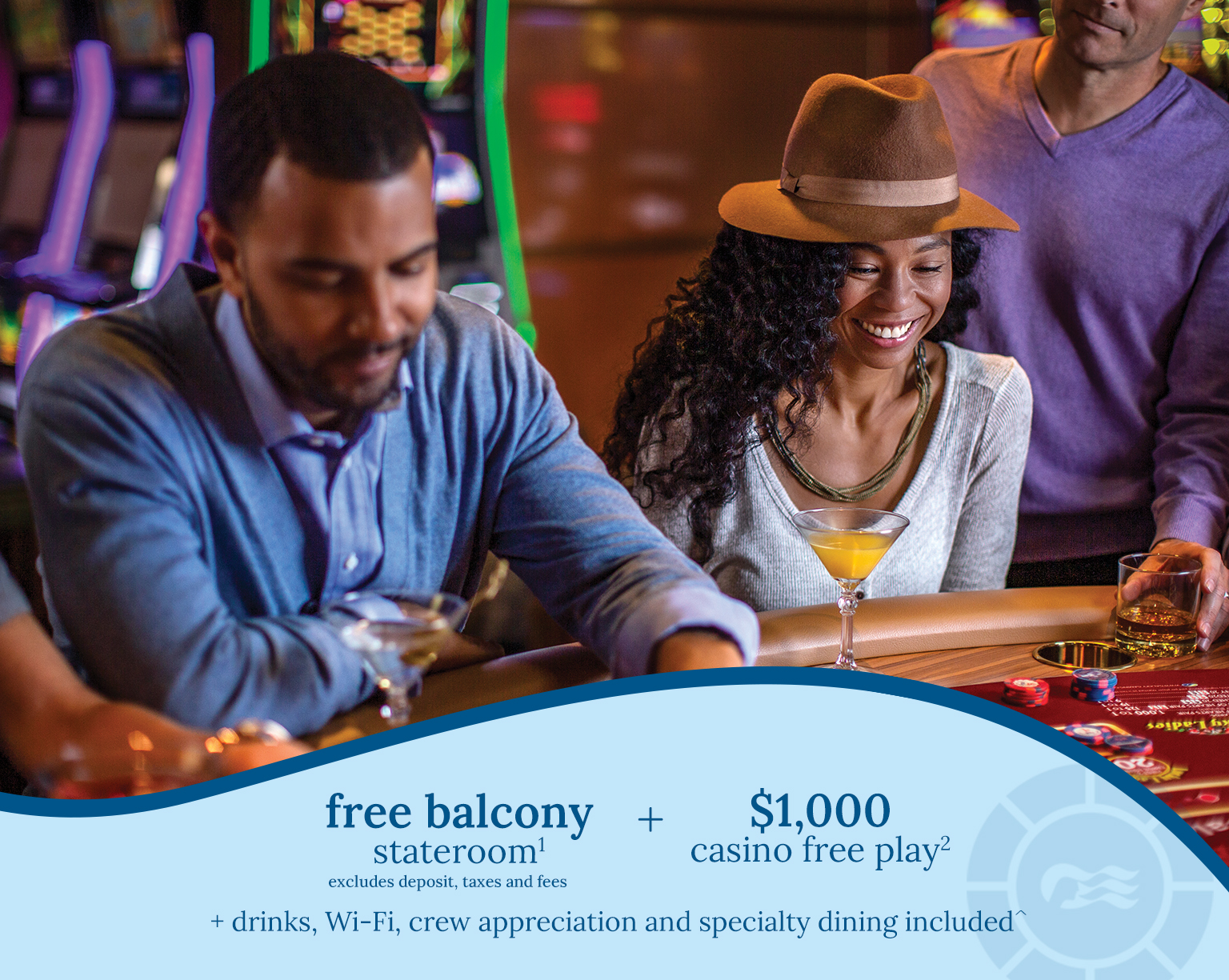 free balcony stateroom1 + $1000 casino free play2