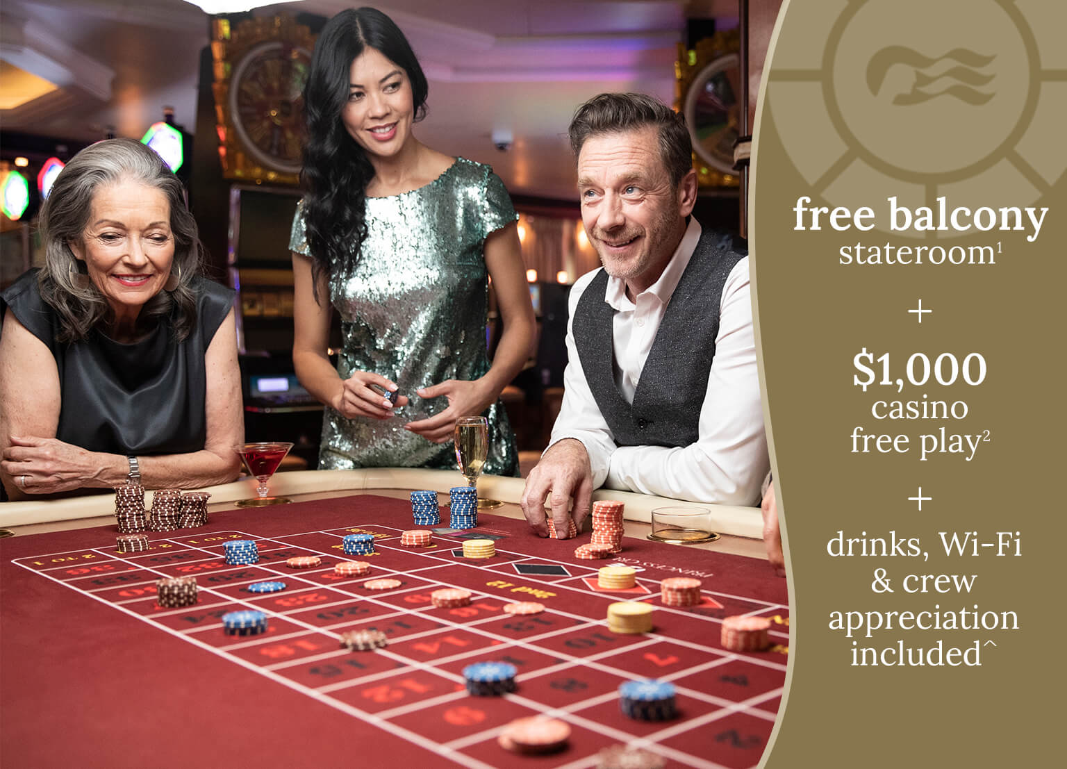 free balcony stateroom(1) + $1000 casino free play(2) + princess plus included^