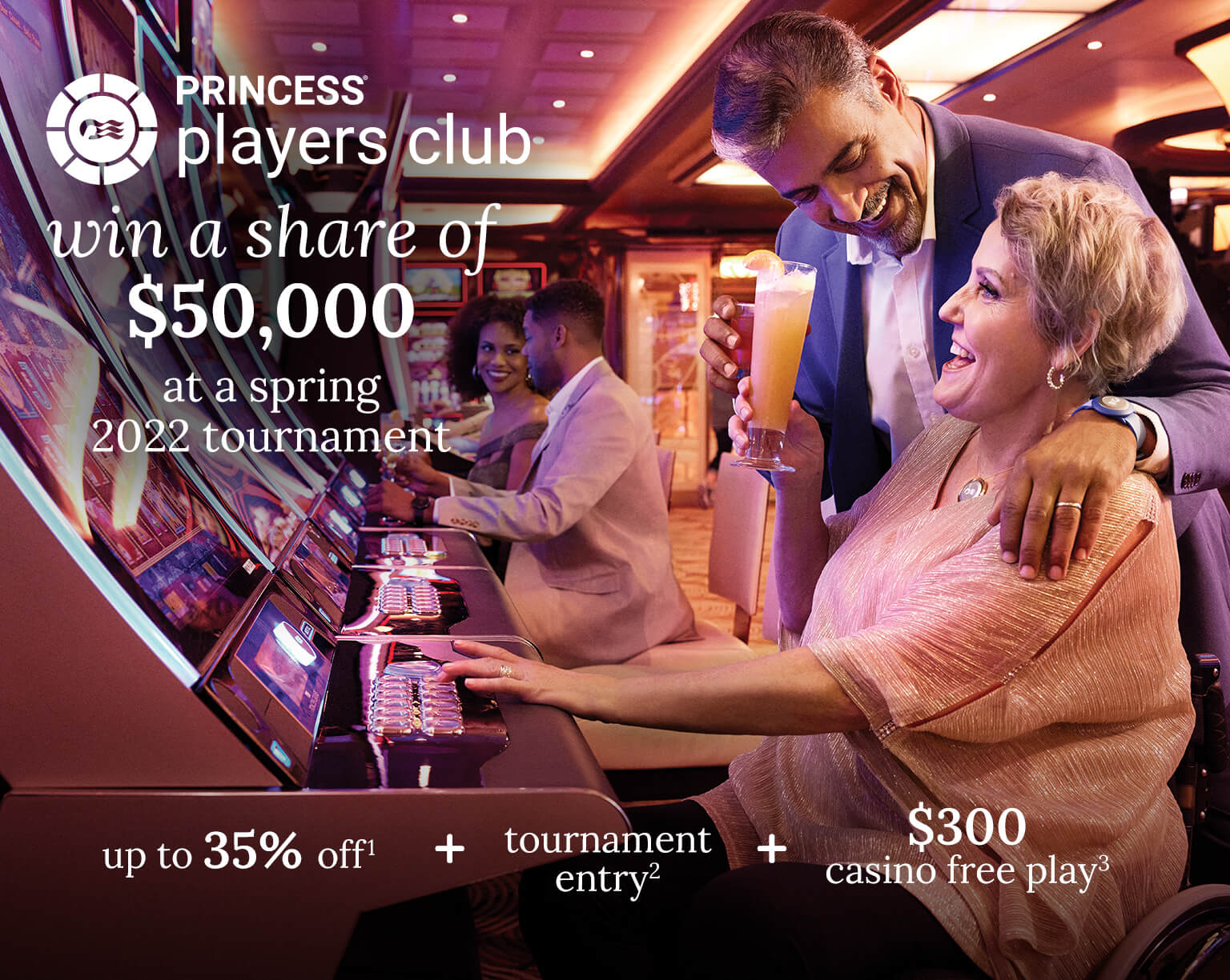 A man and woman play at a slot machine. Click here to book.