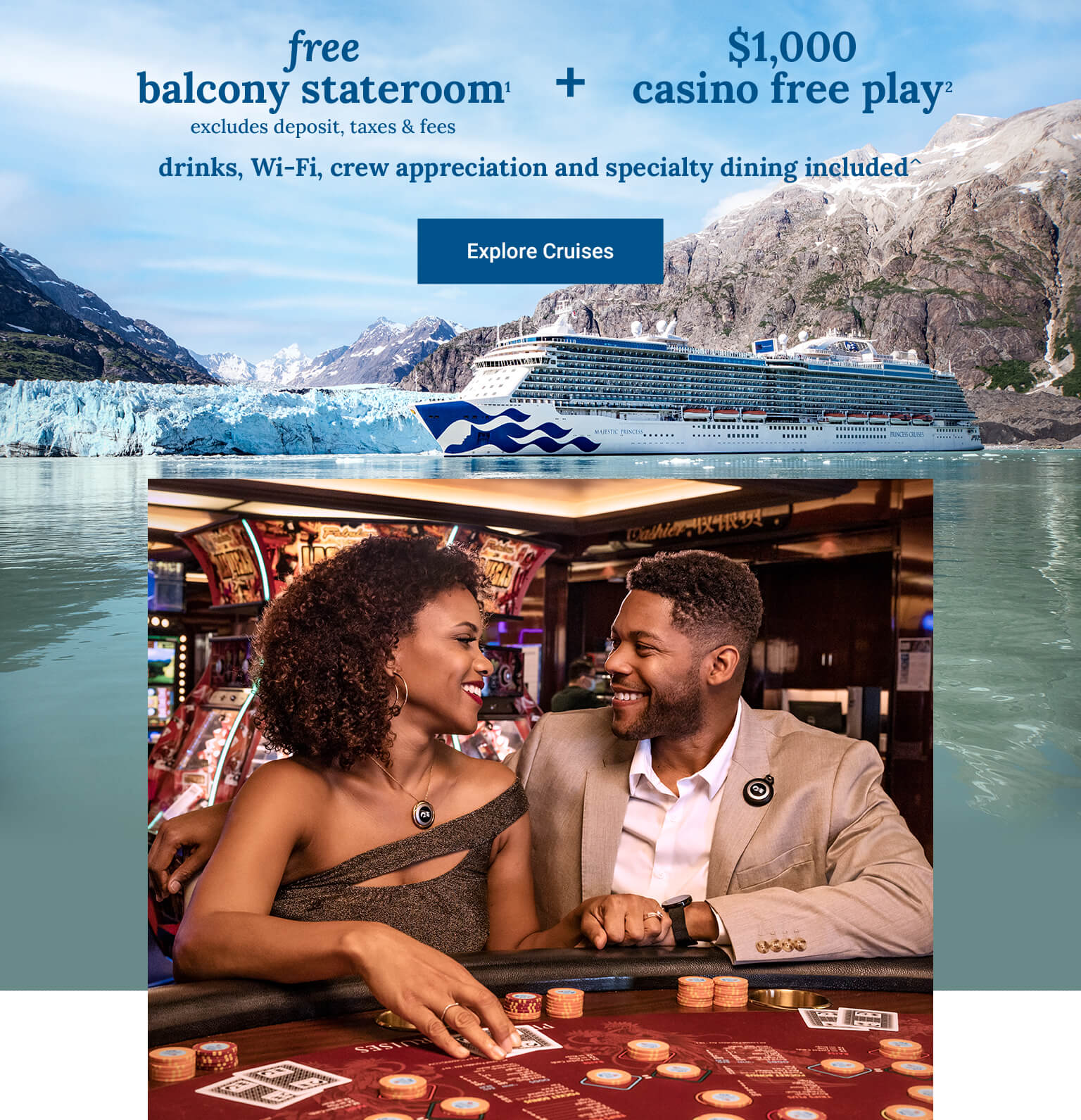 Split image of a ship at sea and a couple in the casino. Click here to book.