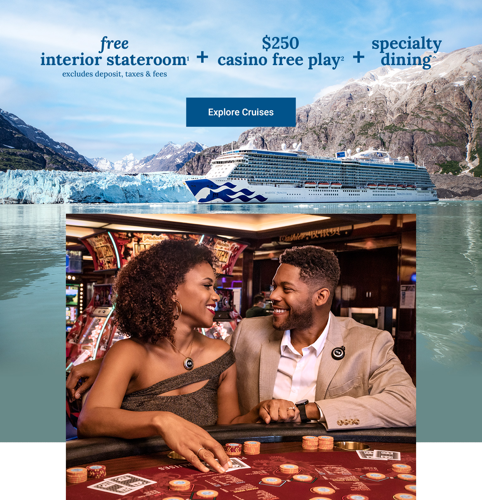 Split image of a ship at sea and a couple in the casino. Click here to book.