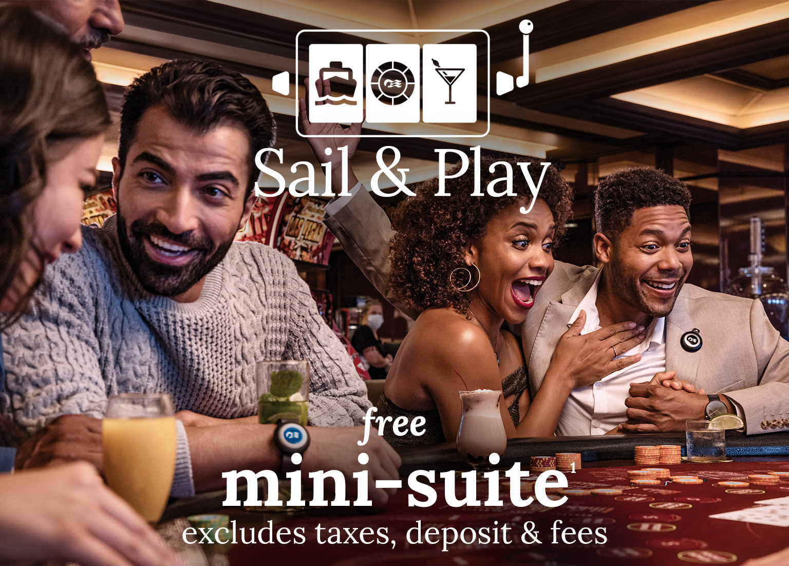 Group of people playing table poker. free mini-suite, excludes taxes, deposit & fees. Click here to book.