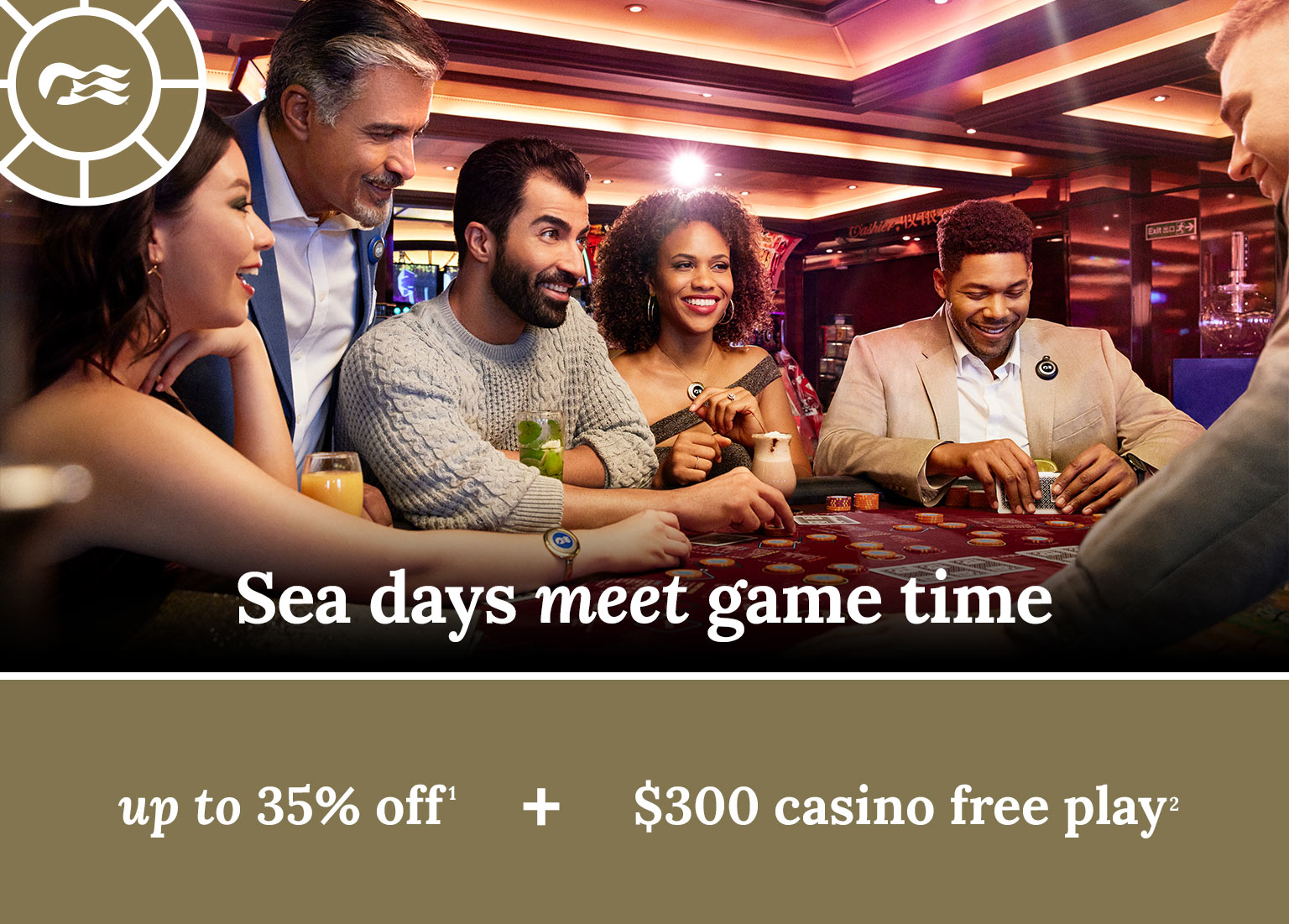 Group of people playing poker.  35% off + $300 casino free play. Click here to book.