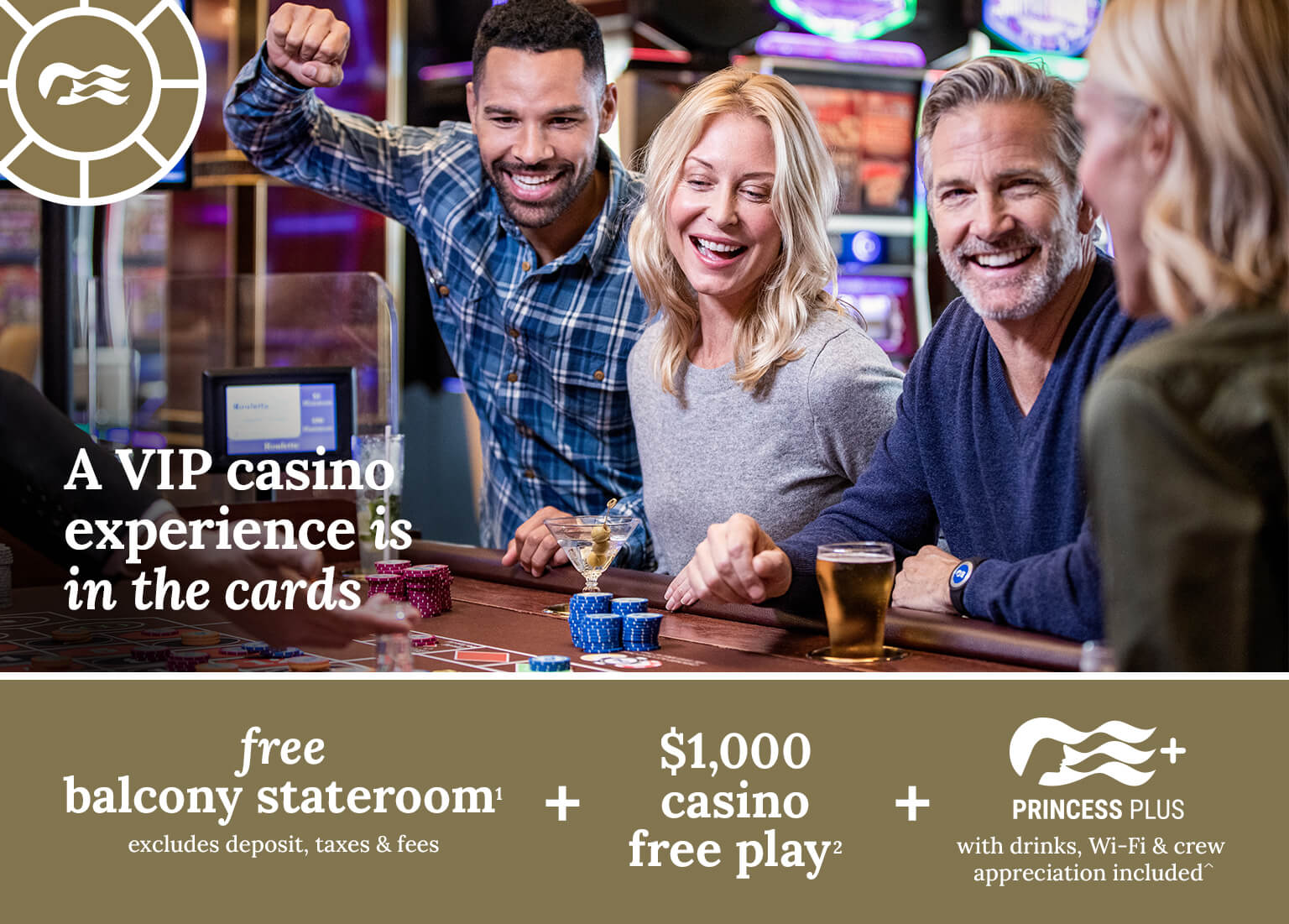 A VIP casino experience is in the cards. Free balcony stateroom + $1000 casino free play + princess plus with drinks, Wi-Fi, and crew appreciation included. Click here to book.