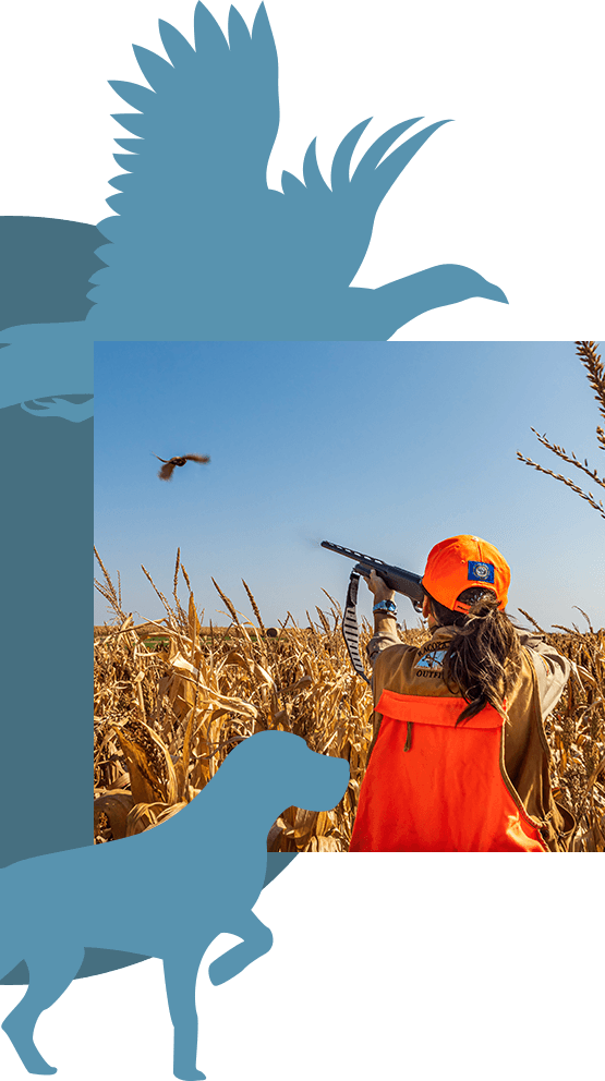 A woman aims her shotgun at a pheasant in flight.