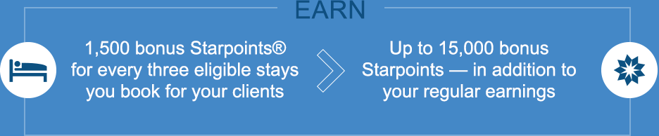 1,500 bonus Starpoints® for every three eligible stays you book for your clients > Up to 15,000 bonus Starpoints — in addition to your regular earnings
