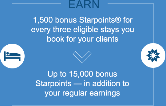 1,500 bonus Starpoints® for every three eligible stays you book for your clients > Up to 15,000 bonus Starpoints — in addition to your regular earnings