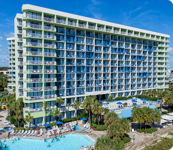 Exterior of resort, pool.