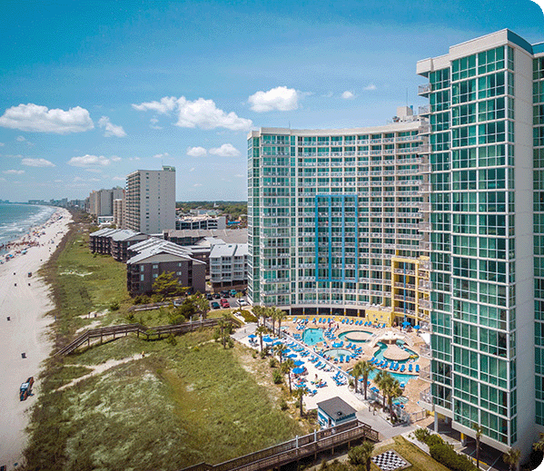 Aerial photo of the resort and beach.