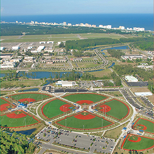 Ariel view of baseball fields.